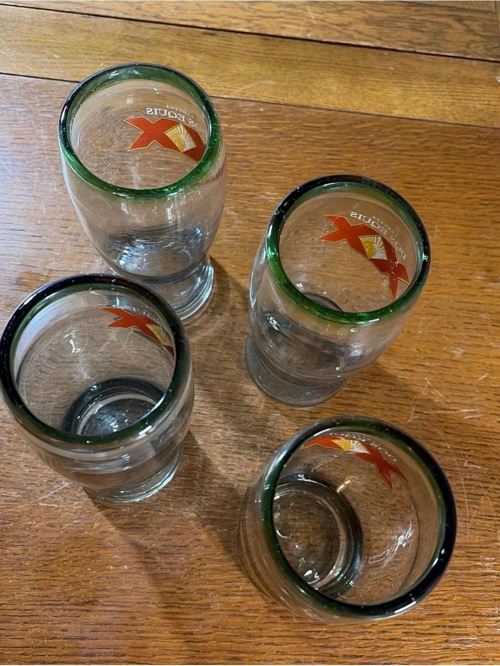 Dos Equis XX Hand Blown Beer Glasses  Heavyweight Thick Bubbles Green Rim Set 4